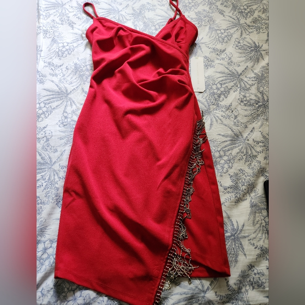 Red Slip Dress with Fringe Detail